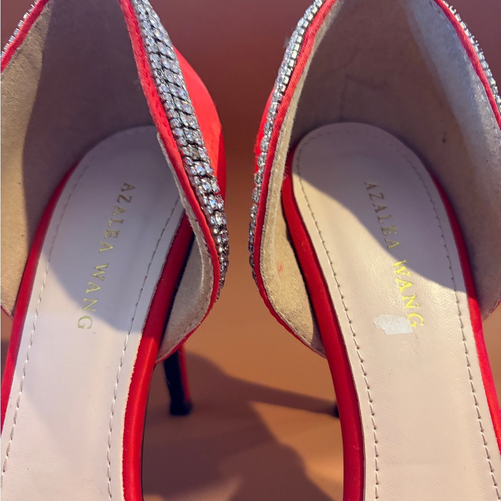 Elegant Red Satin Heels with Rhinestone Accents - Picture 4 of 12